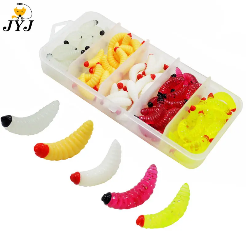 

JYJ box package 50pcs 100pcs 2cm 0.4g Fishing Lure mini Soft grub worm maggot bass soft fish smell Leurre trout lure bait