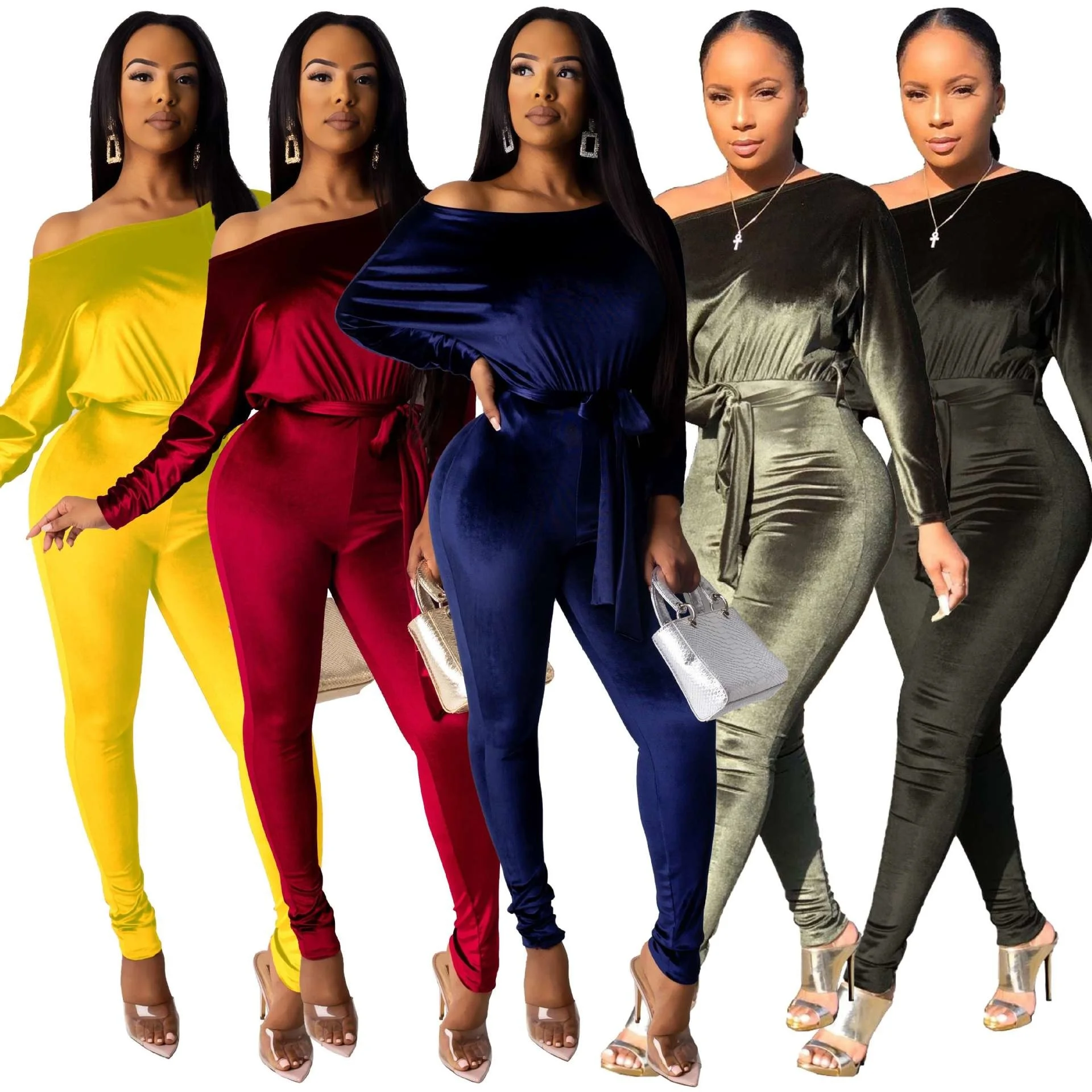 Fall Autumn Winter Women Velvet Sashes Jumpsuits Full Sleeve Sexy Rompers Night Club Party Outfits Fitness One Piece GL8089