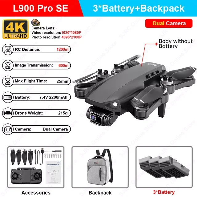 

L900 PRO SE Drone 4K Profesional GPS FPV Dual HD Camera Drones With Brushless Motor 5G WiFi RC Quadcopter VS SG108 Pro KF102