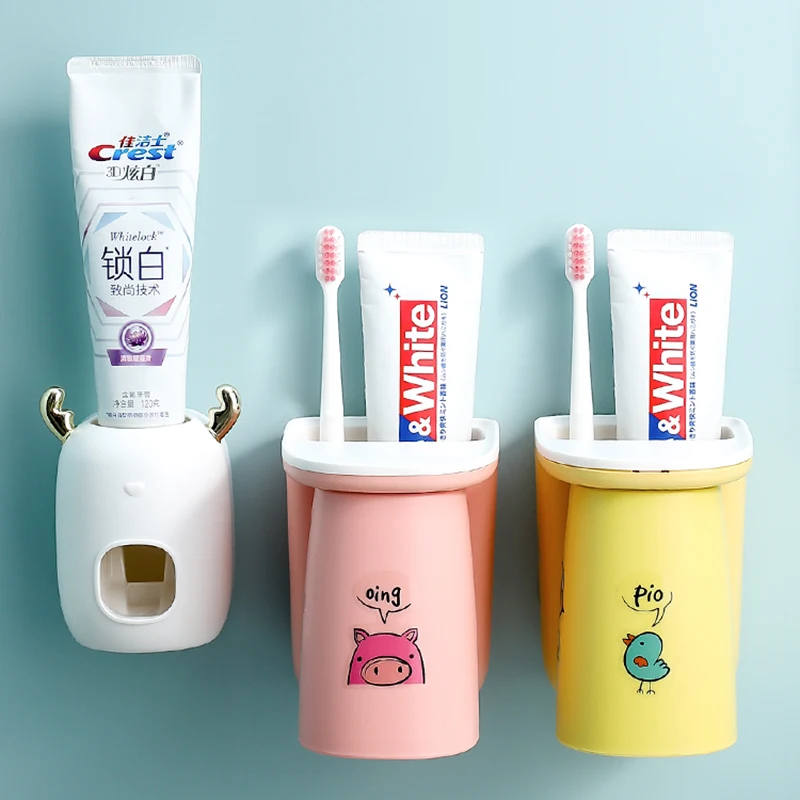 Buy Cute Children Toothpaste Dispenser Storage Rack Toothbrush Holder Wall-Mounted Squeezer Bathroom Accessories Set on