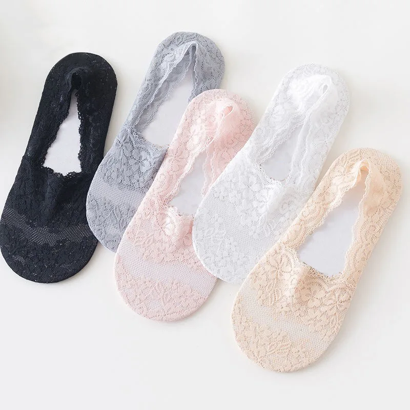 5 Pairs Lace Women Boat Socks Summer Hollow Invisible Socks Silicone Non-slip Cotton Base Sock Rose Flower Shallow Mouth Sock