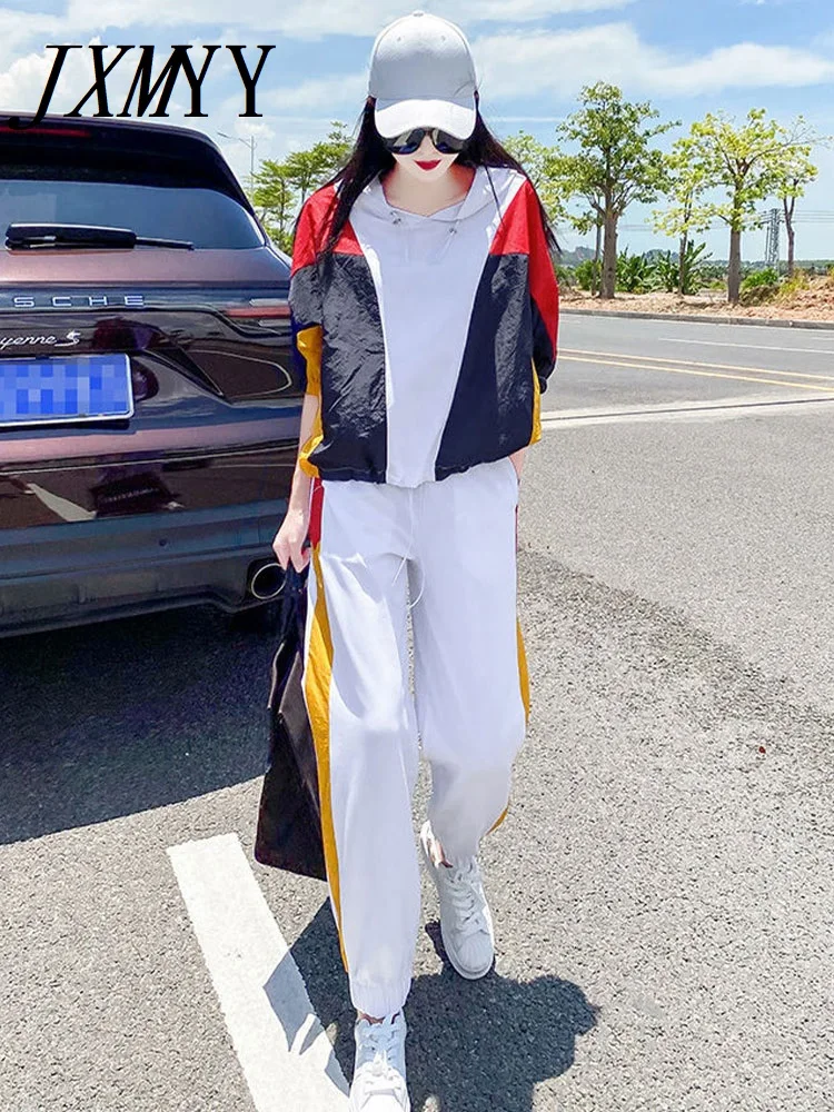 

JXMYY Comfortable And Aimple Sports Suit Women's 2022 Early Spring New Fashion Stitching Long-Sleeved Top Casual Pants Two Tide