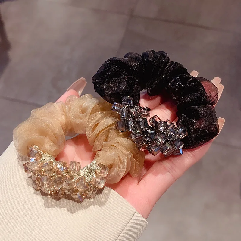 

New Fashion Korean Style Rhinestone Fabric Hair Rope Elastic Rubber Band Shining Scrunchies Ponytail Headbands For Girl Women