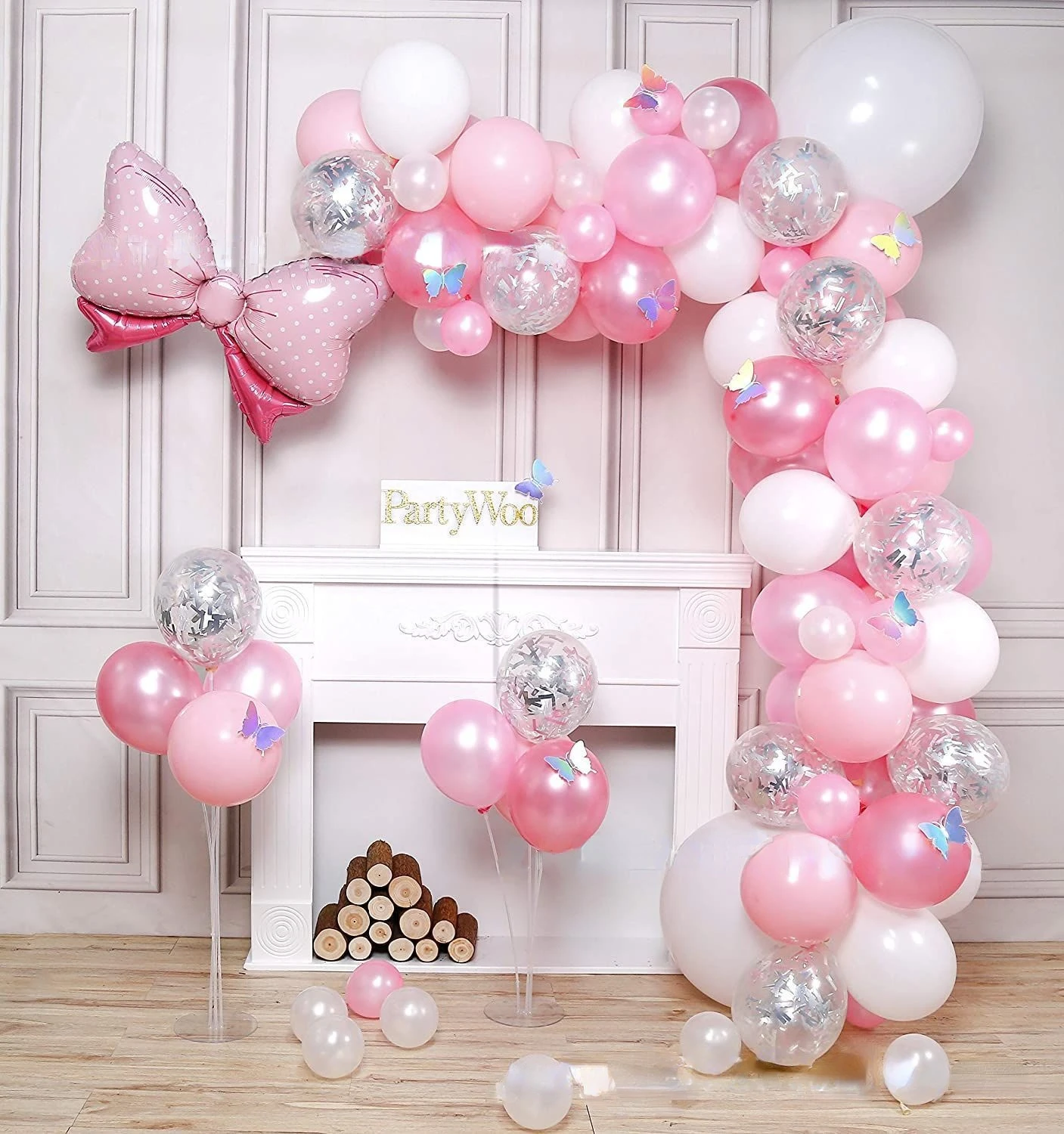 

SURSURPIRSE Pink Balloon Garland Arch Kit White Silver Pink Bow Confetti Balloons Set for Girl Birthday Party Wedding Supplies