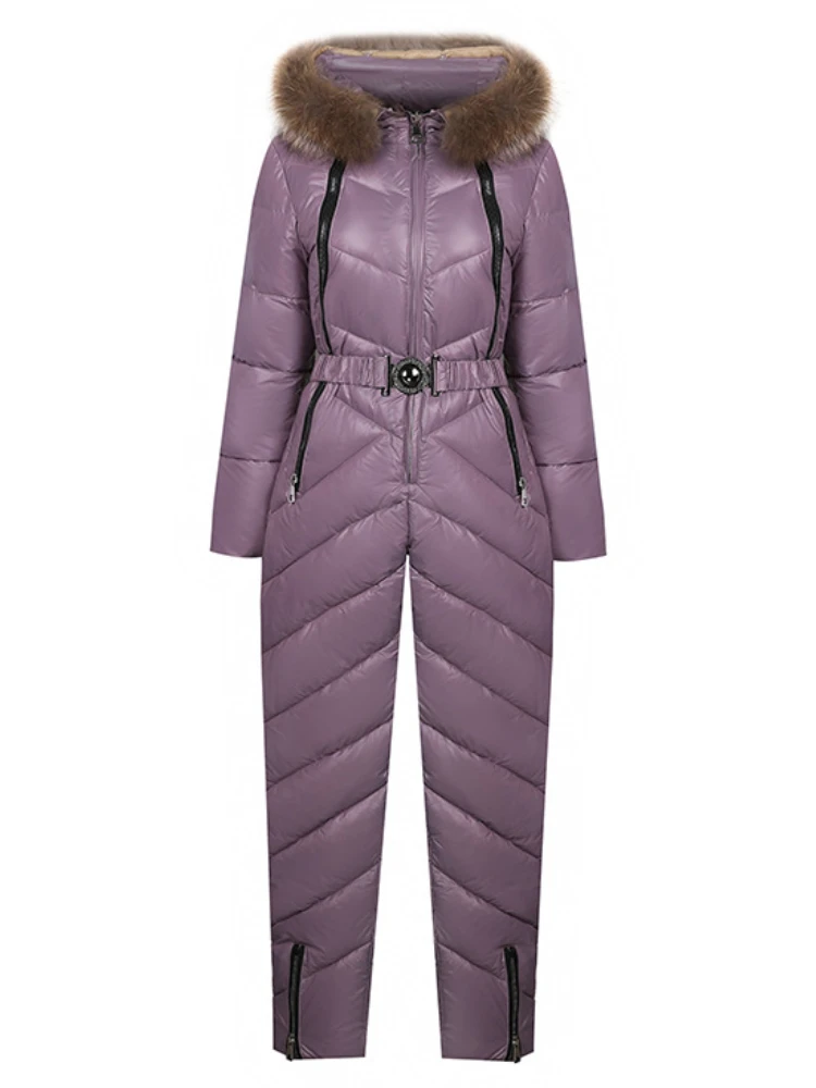 Ski Jumpsuits Women Luxury Waterproof Winter Coat Real Fur Hooded Cotton Padded Warm Solid Parka Overalls Bear -30centigrade