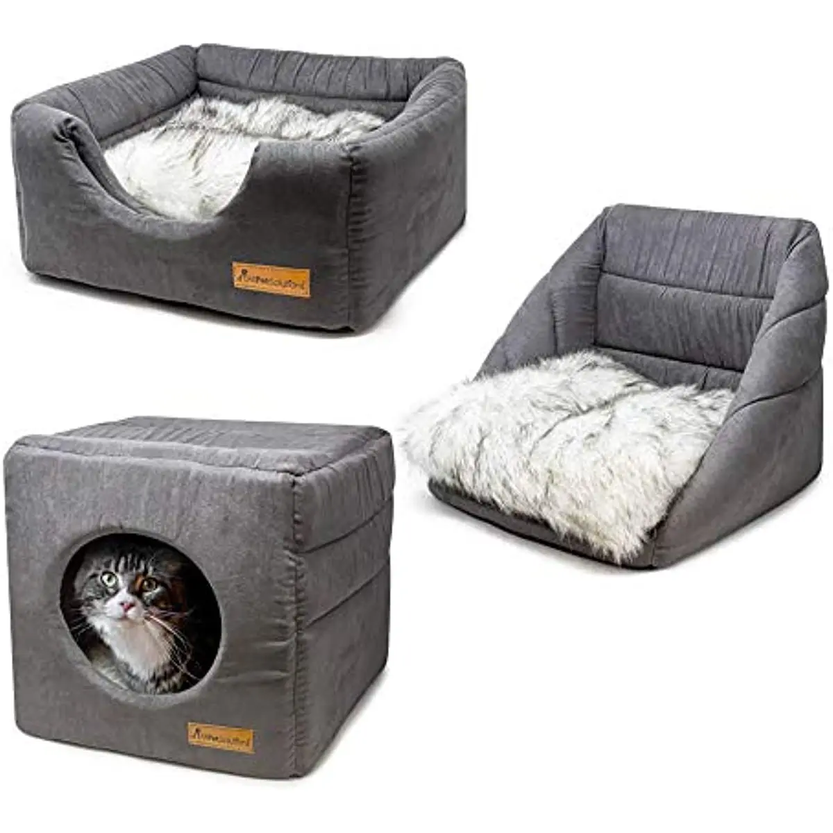 

Cat Small Dog Cosy Cube Igloo Bed, 3-in-1 Foldable Grey Pet Kitten Puppy Soft Cave Bed, Machine Washable with Re