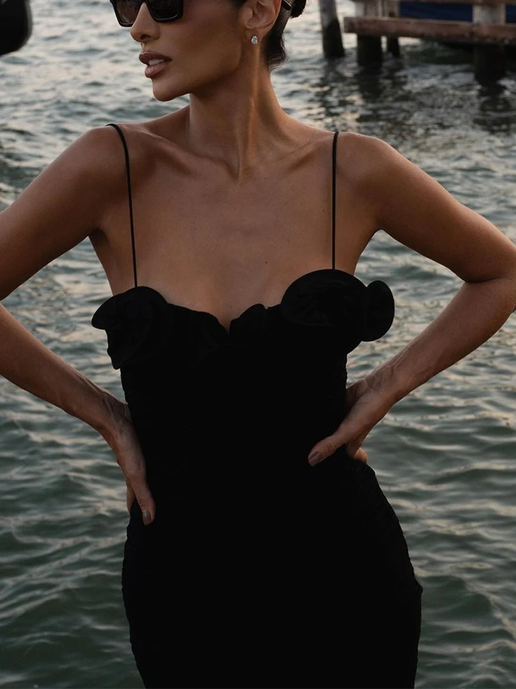 Модное сексуальное черное платье на бретельках с оборками для женщин шикарные