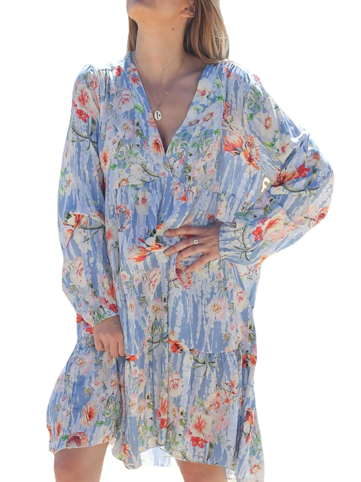

Women's Fashion Dresses Summer 2022 Sexy V-Neck High Waist Printed Dresses Long Sleeves Loose A-Line Dresses Casual Comfortable