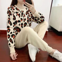 new spring leopard printed knit two peice suit women long sleeve o neck sweater tops solid color harem pants casual tracksuit