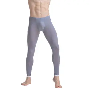 Men Sexy Ultra Thin Stretch Underwear Transparent Pouch Ice Silk Long Johns Pants Mens Home Lounge P