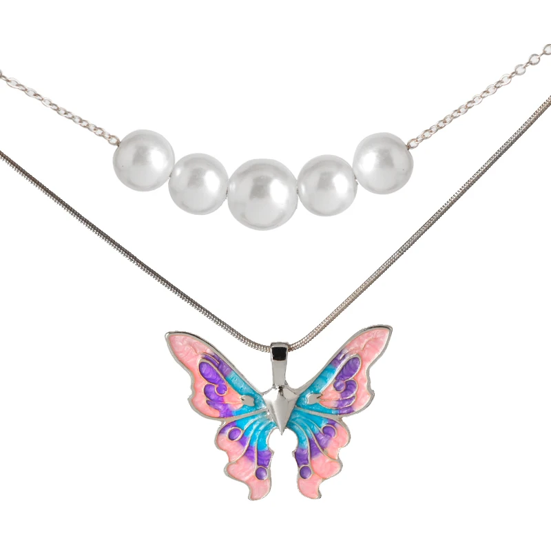 

Fashion Barbie Butterfly Pearl Necklaces for Women Thai Pop Butterflies Pendant Necklace Double Choker Chains Jewelry for Girls