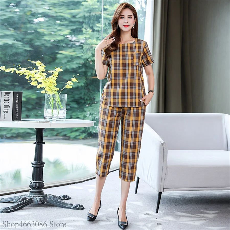 

2022 Summer Women Fashion plaid Print Tracksuits Two Piece Sets Female Casual Long Sleeve O Neck Top Jogging Pant Suit