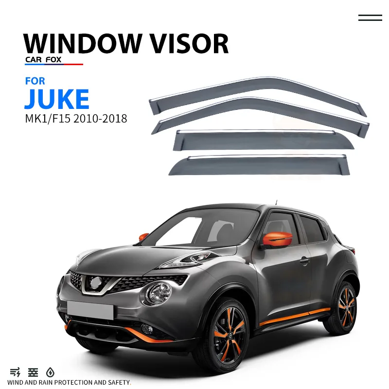 Фото Для Nissan JUKE 2010-2018: козырьки на окна автомобиля, защитные накладки, дефлекторы для боковых окон, защита от дождя и солнца, автомобильные аксессуары, тюнинг автомобиля. №1
