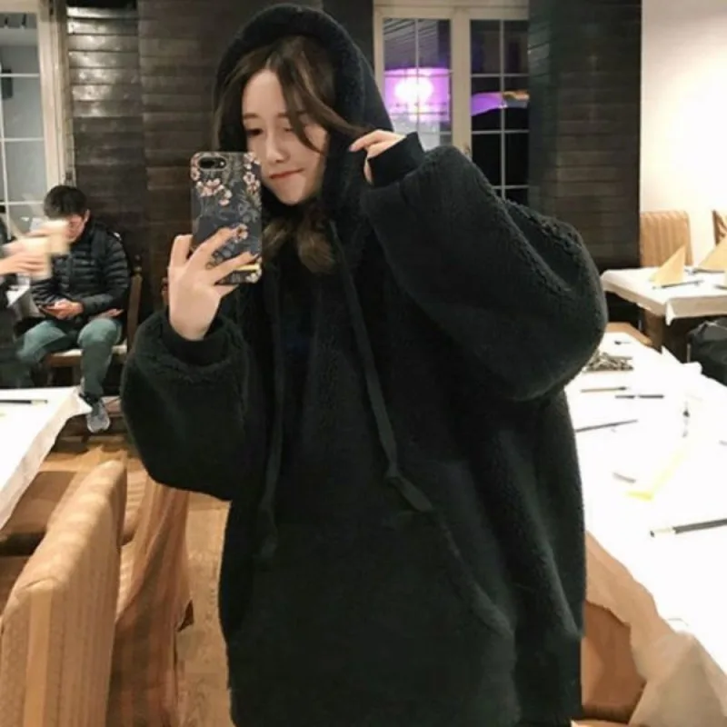 Harajuku флисовые Sudaderas Mujer однотонные женские толстовки из овечьей шерсти большого