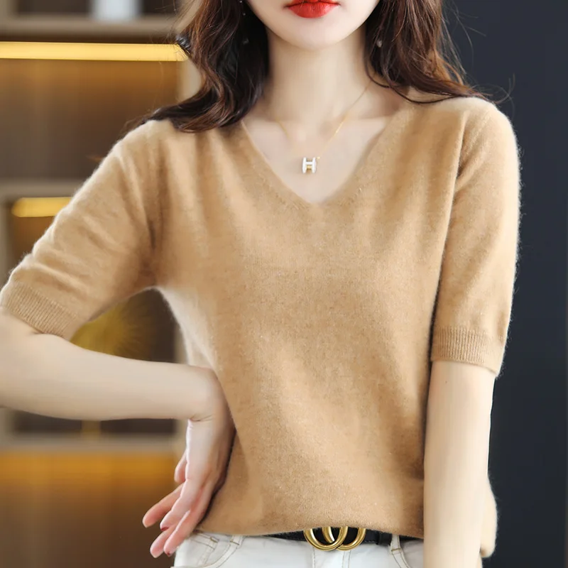 

Women's Summer New V-Neck Knitting Short Sleeve Fashion Casual Solid Color Pullover Korean Small Fresh Fegular Bright Sweater 23