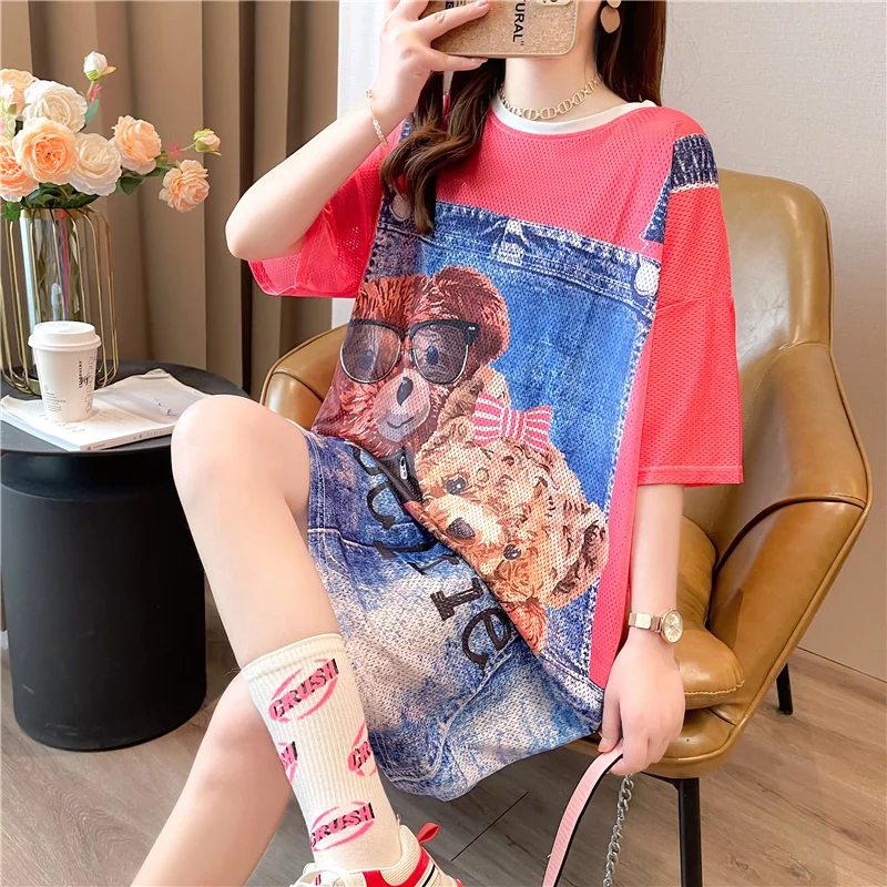 

#4310 мультяшная 3d печатная Сетчатая футболка, Женская свободная Тонкая Повседневная Длинная футболка, милая быстросохнущая летняя футболка ...