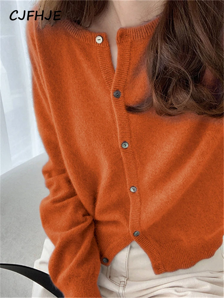 

CJFHJE Orange Winter Knitted Women Cardigan Long Sleeve Vintage Single-breasted Sweater Coats Casual Simple O-Neck Cardigan Lady