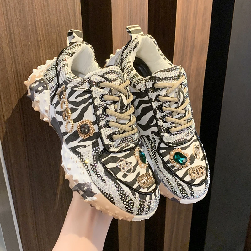 Autumn Women Casual Sneakers Luxury Designers Rhinestone Diamond Thick Bottoms Shoes Female Tennis Trainers Jogging Walking Shoe