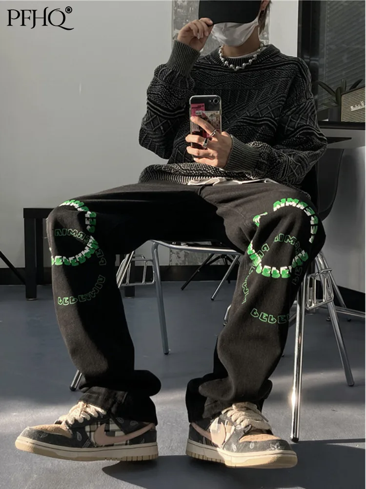 

PFHQ Straight Letter Print Jeans Men's Hip Hop Style Streetwear Autumn New Loose Casual Wide Leg Denim Trousers Male 2022