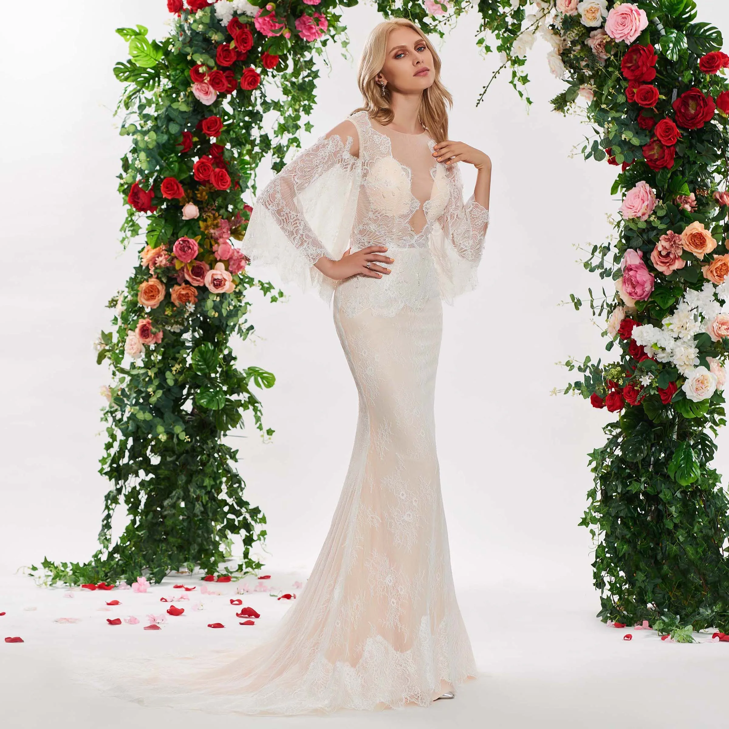 

Dressv Scoop Neck Mermaid Beading Wedding Dress Long Sleeves Button Lace Floor Length Simple Bridal Gonws Wedding Dresses 2022