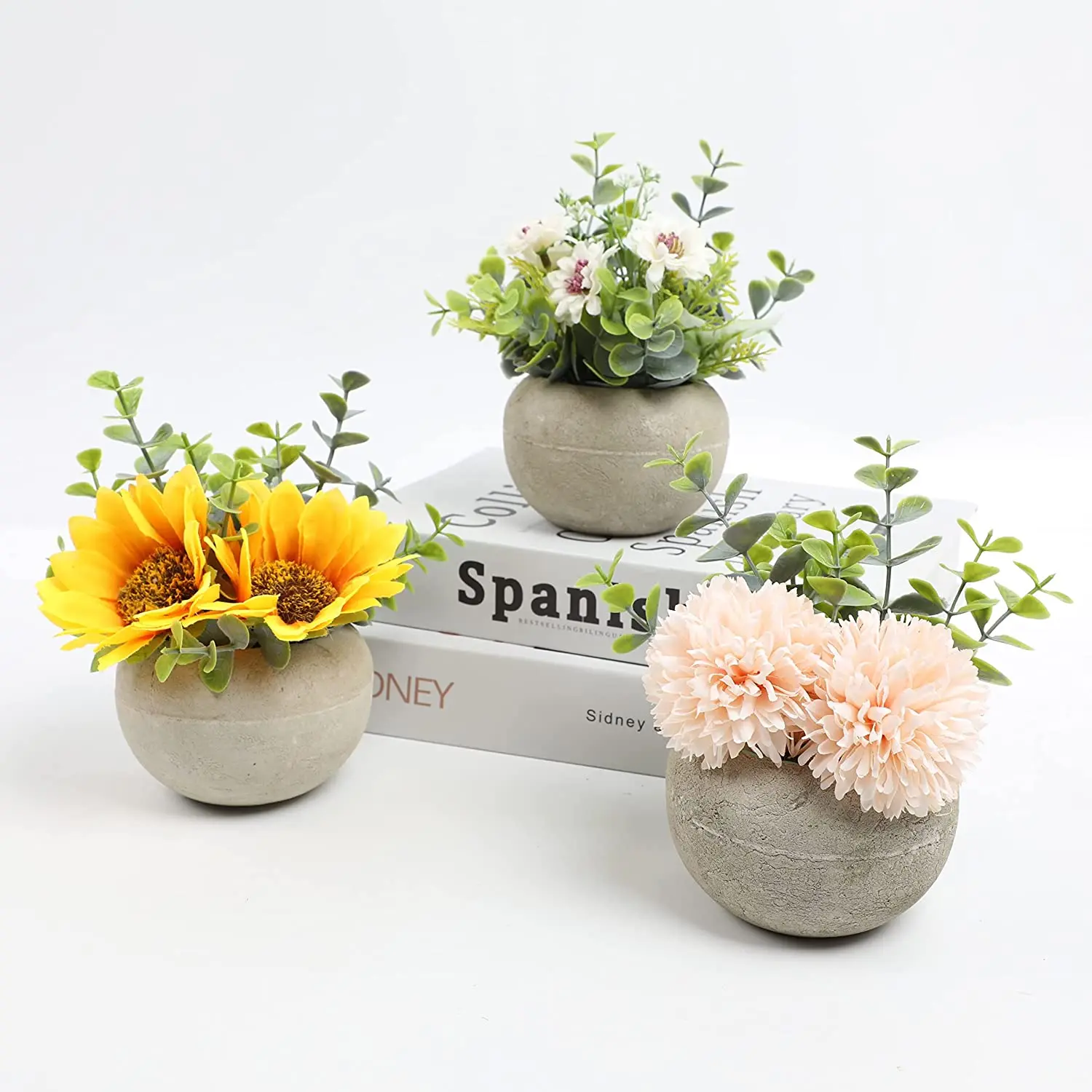 

Mini Flower Potted Fake Plants Artificial Sunflower Eucalyptus Plants For Wedding Garden Home Decoration