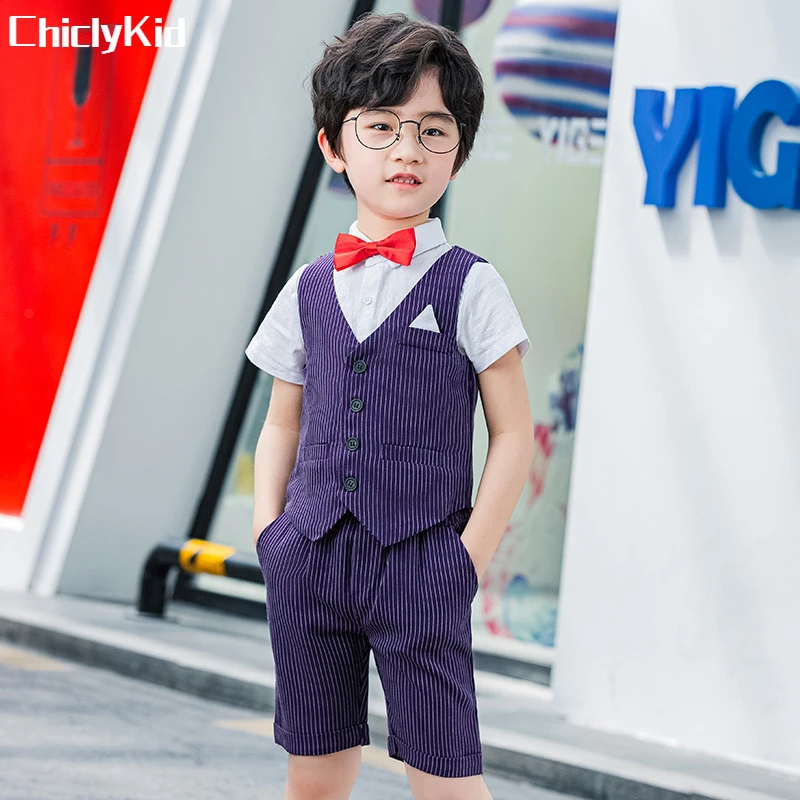 

Boys Summer Striped Vest Shirt Shorts Formal Dress Kids Waistcoat Cool Clothes Sets Child School Uniforms Toddler Tuxedo Costume