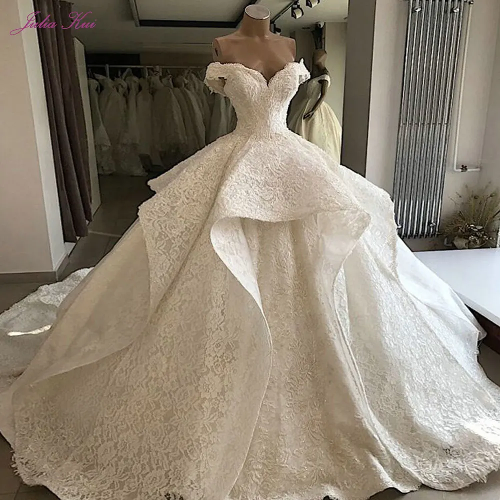 

Julia Kui Off The Shoulder Classic Lace Ball Gown Wedding Dresses With Ruffles Skirt Chapel Train Bride Dress
