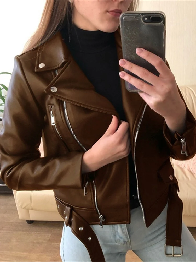 Leather Jacket Women Short Slim 2022 Spring Autumn New Fashion PU Coat Female Moto Clothing With Belt Red Blue Black Outerwear