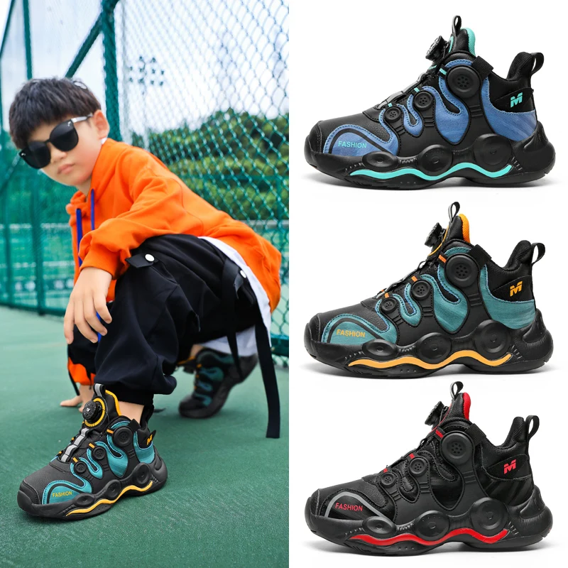 Basketball Sneakers Kids 2022 Hot Selling Leather Surfaced Rotary Buckle Children's Sports Shoes Size 28-39 Shoes for Girls