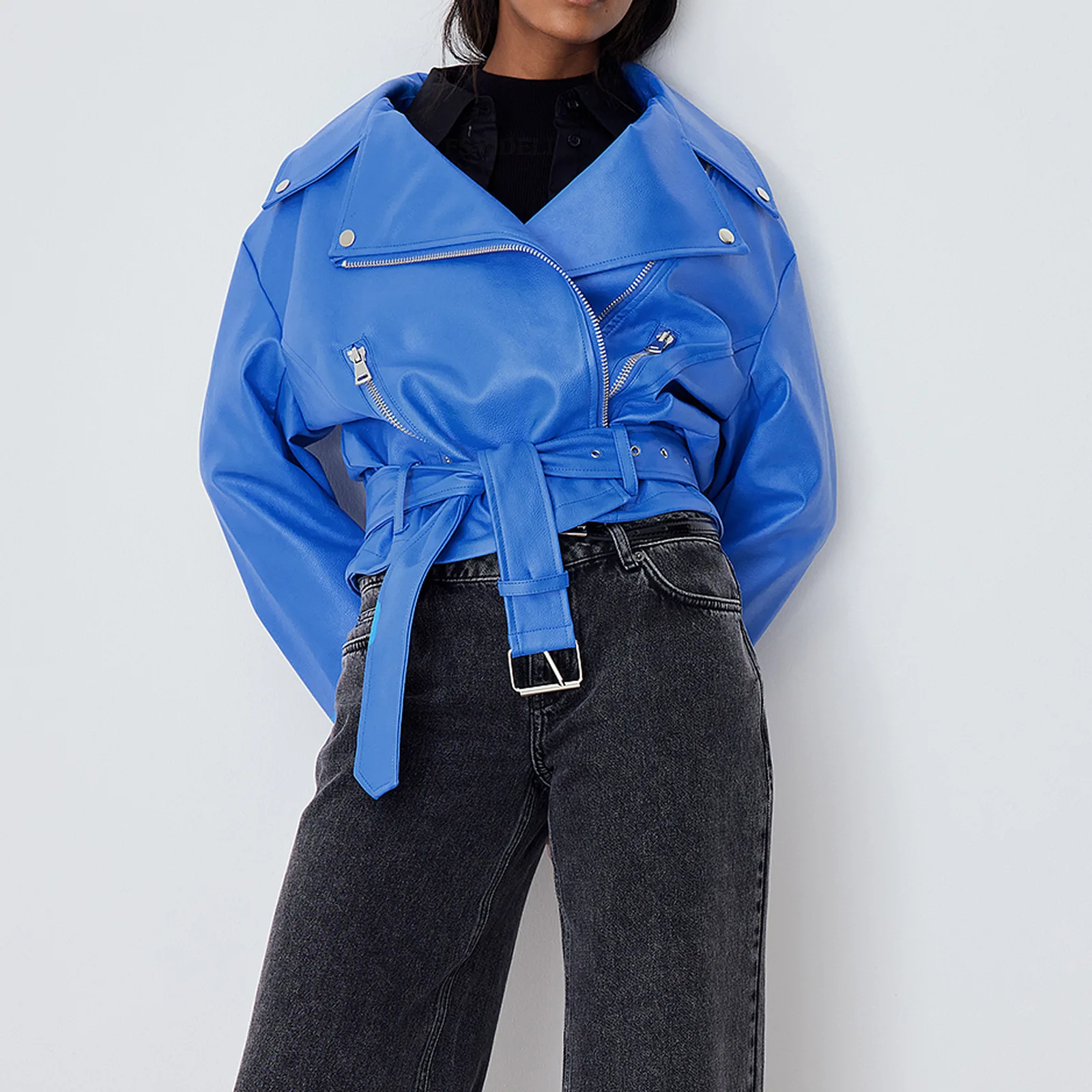 Harajuku Style Women Black Faux Leather Jacket 2022 Autumn Winter Vintage Loose Long Sleeve Coat Chic Lapel Loose Streetwear Y2K