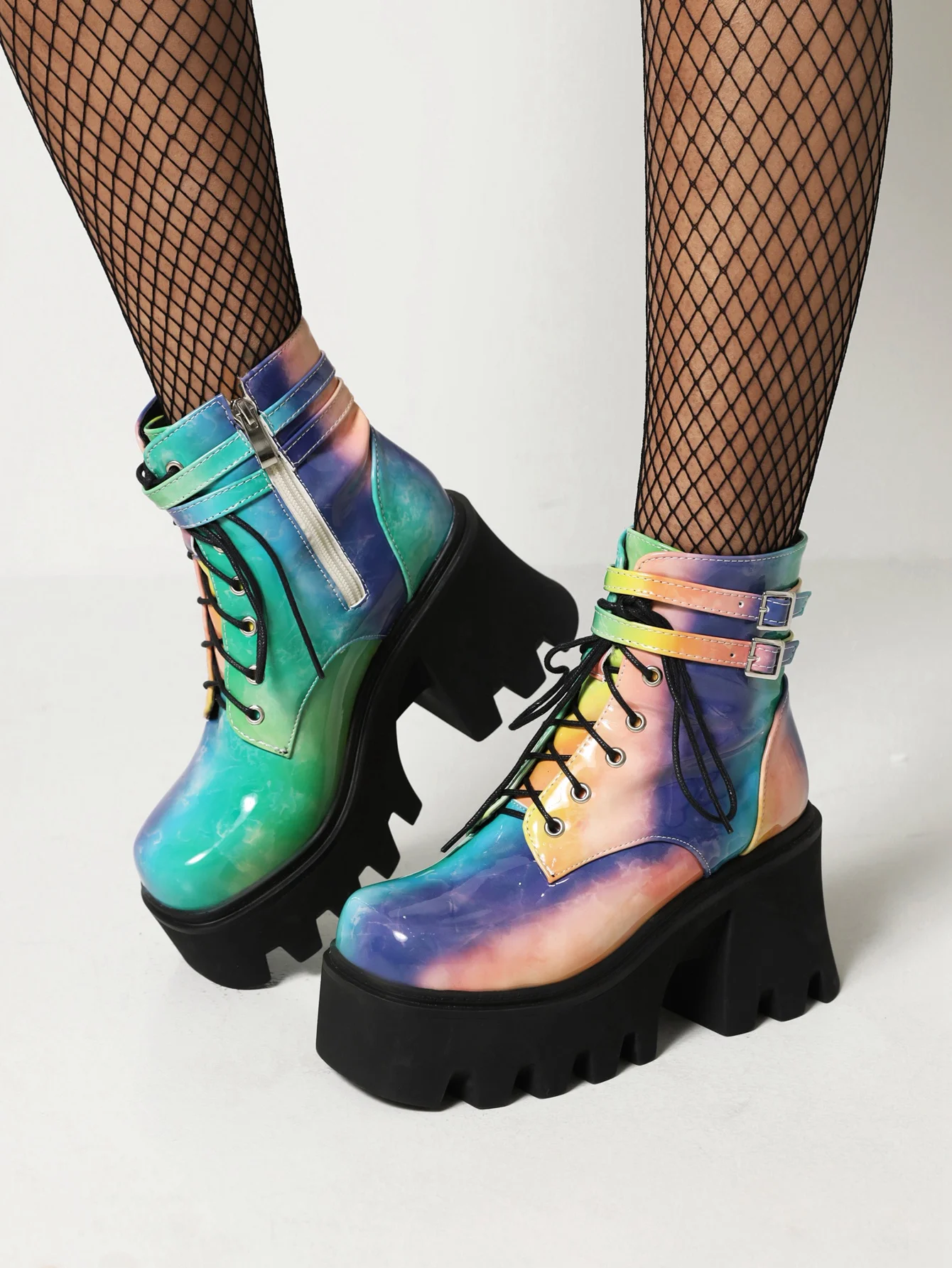 

Candy Color Mixed Color Female Heighten Shoe Personality Beautiful Square Toe Color Matching Mid-Calf Boot Bright Patent Leather