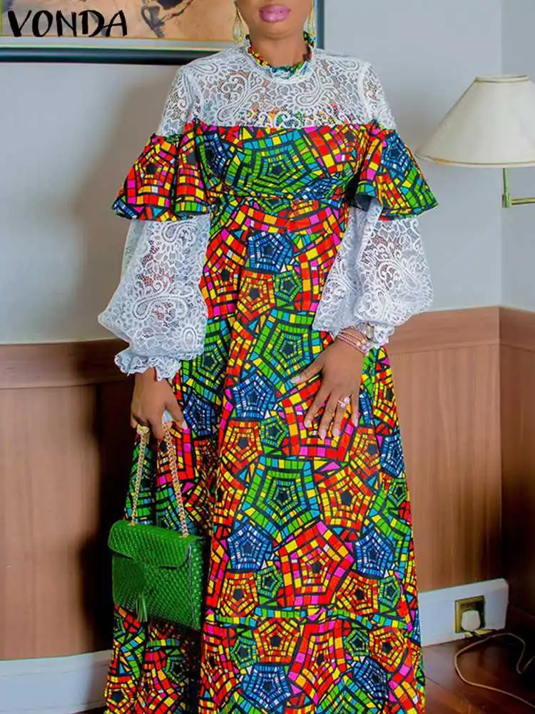 

VONDA 2022 Women Evening Party Dress Casual Vestidos Summer Long Sleeve Printed Holiday Maxi Sundress Lace Patchwork Robe Femme