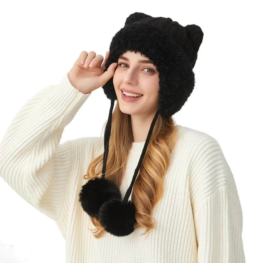 Вязаные шапки с милыми кошачьими ушками утолщенная флисовая подкладка женская