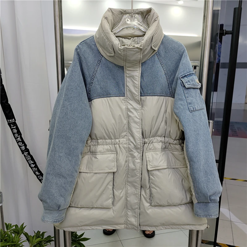 Winter Denim Stitching Female Down Coat 2022New Fashion Warm Women Down Jacket White Duck Down Women Down Jacket