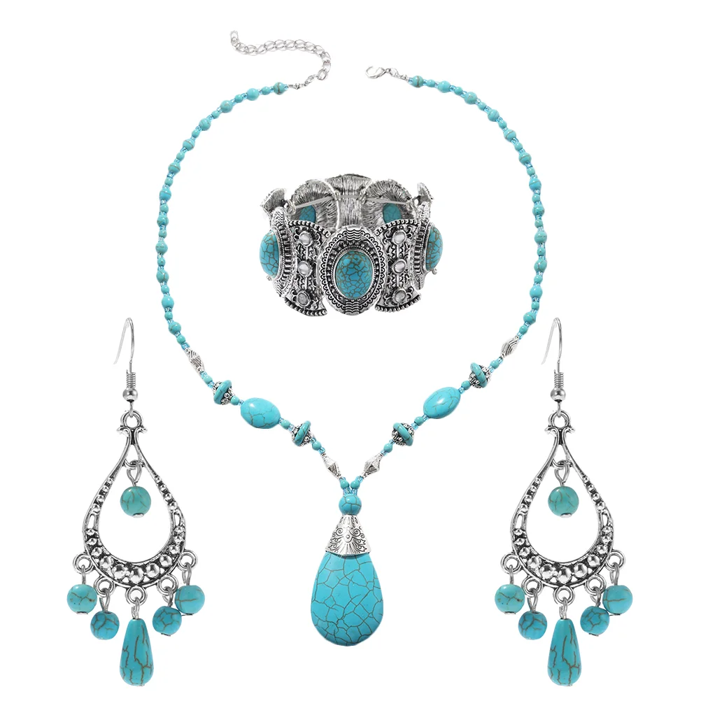 

1 Set Turquoise Jewelry Bohemian Bracelet Earrings Necklace Jewelry Set