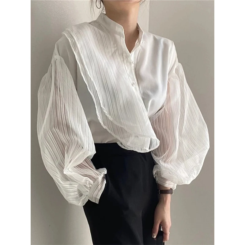 Элегантные белые рубашки MEXZT женские винтажные сетчатые Лоскутные однотонные