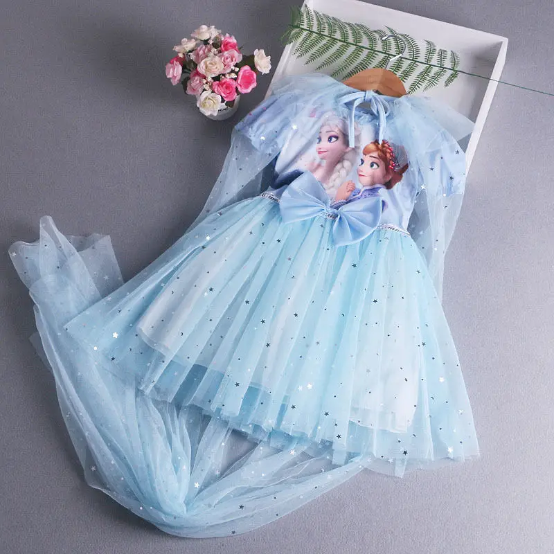2022 Summer Girls Frozen Elsa Princess Dresses Children Short Sleeve Dress Toddler Kids Party Baby Dresses Give Cloak 2-7Years