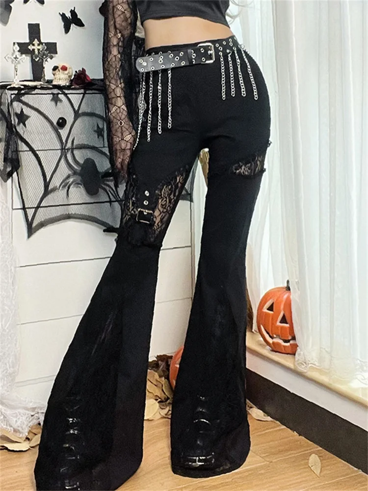 

Street Style Gothic Punk Lace Stitching Long Flared Pants Harajuku Retro Black Micro-flare Fashion 2022 Autumn New Women's Pants