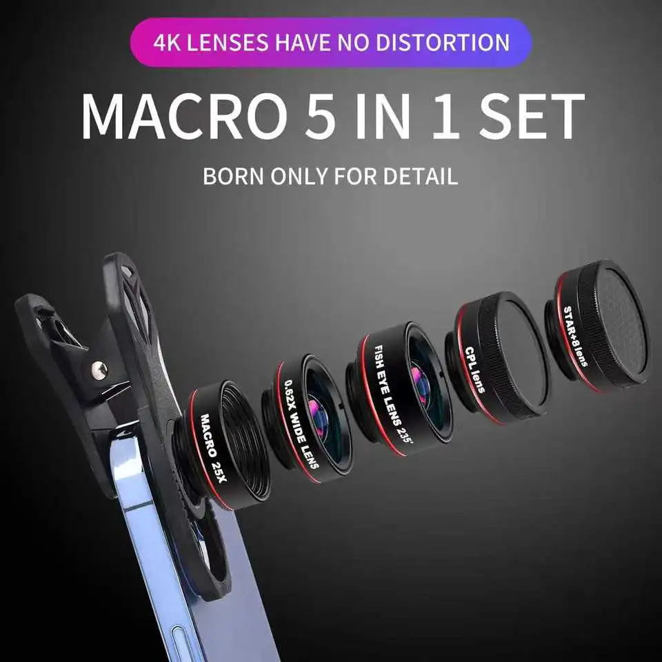 

Внешний объектив 210 fish-eye 120 широкоугольный + 25X macro star + CPL 5 в 1 комплект мобильных объективов, совместимых с смартфоном iPhone