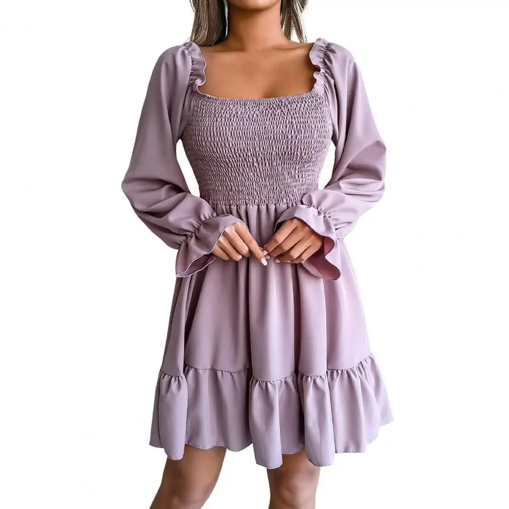 

Party Dress for Women Autumn Elastic Chest Wrap Waist Tight Ruffle Stitching Hem Dress Women Square Collar Flare Long Sleeve