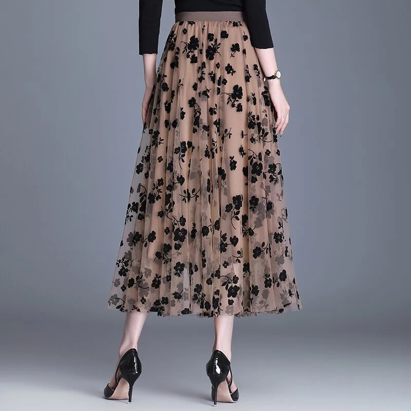 

Vintage Floral Print Mesh Patchwork High Waist Elegant Skirts for Women Summer Pleated A-line Midi Skirt Faldas Mujer Moda 2022