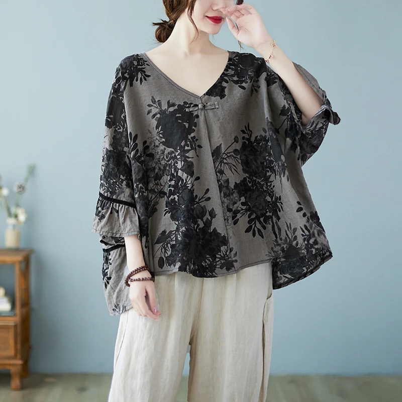 

Summer 2022 New V-neck Button Top Loose Retro Print Flare Sleeve Shirt