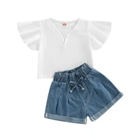 girls two pieces clothes outfit flying sleeve v neck solid color tops denim shorts for 2 7 years old