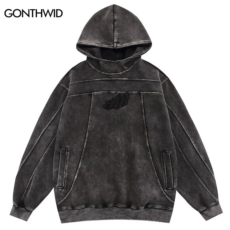 

Vintage Men Hoodie Streetwear Hip Hop Embroidery Letter Washed Hooded Sweatshirt Fashion Punk Goth Loose Pullover Hoodies