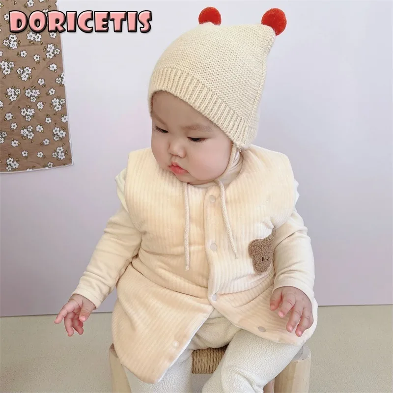 

Newborn Baby Romper Three Layer Quilted Comfortable Cotton Solid Color Bear Printing Keep Warm Jumpsuit Cotton Vest Winter New