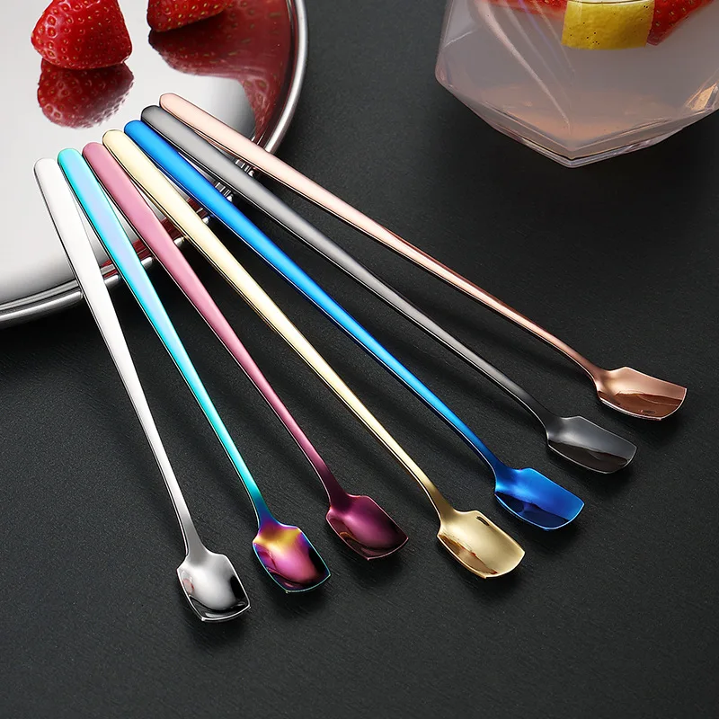 

Stainless Steel Square Head Coffee Stirring Spoon Tableware Long Handle Ice Cream Scoop Teaspoon Decor Utensils for Kitchen