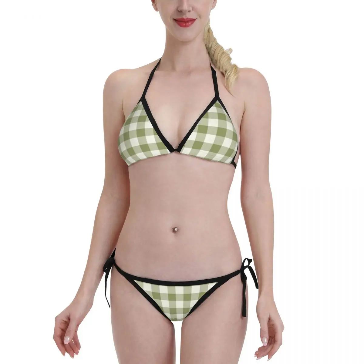

Sage Green And White Gingham Checkered Pattern Aesthetic Sexy Bikini Swimsuits Swimwear Women Halter Bathing Suit Beachwear Set