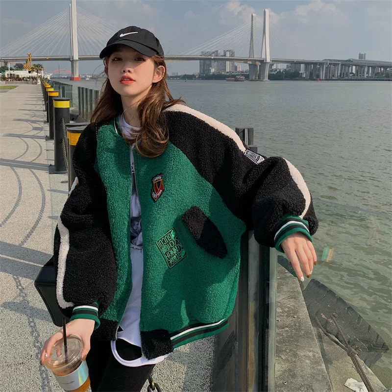 

Deeptown Vintage Korean Style Women Baseball Jackets Oversized Streetwear Y2k Hip Hop Female Zip Up Bomber Jacket Kpop Green Top