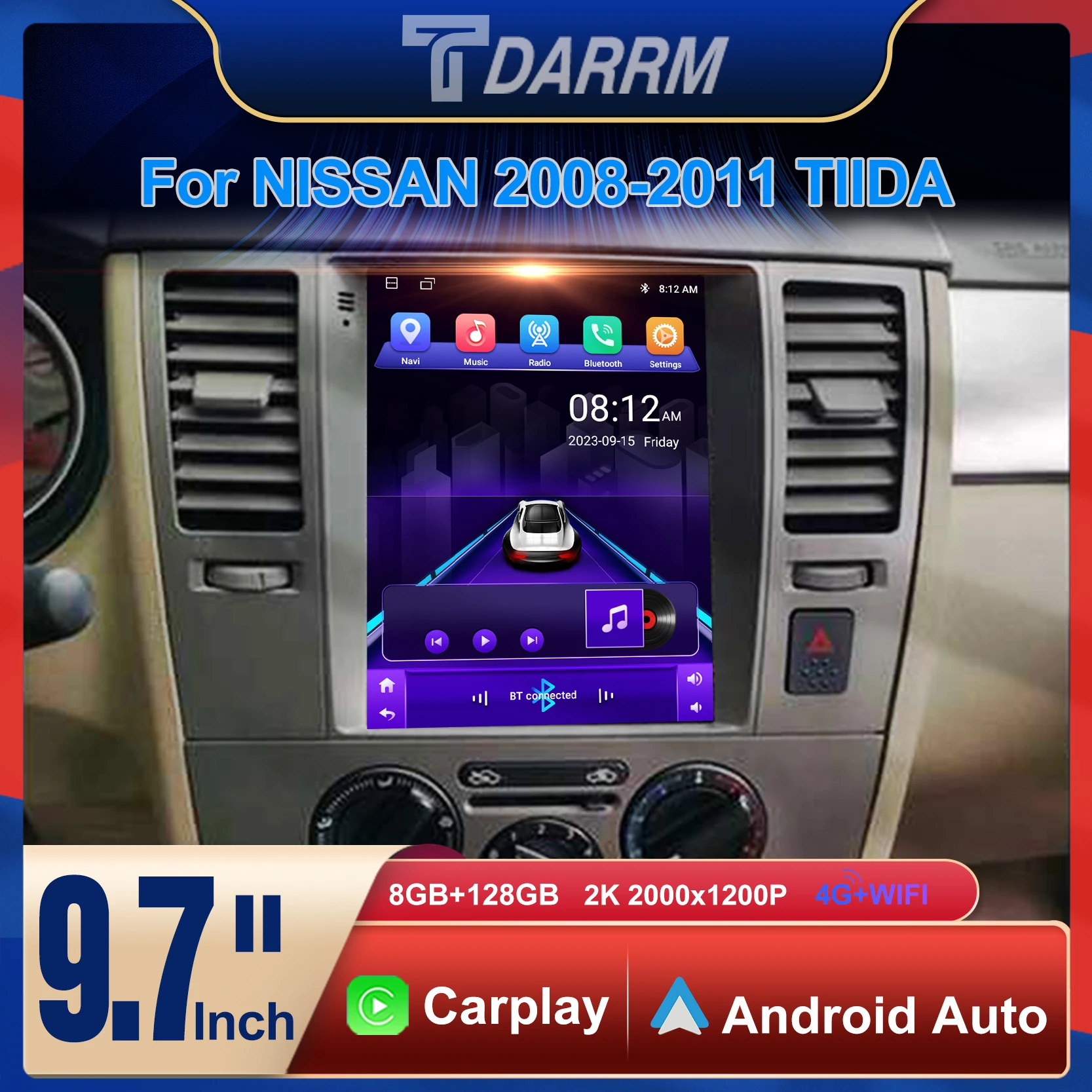Фото Для Nissan 2004-2013Tiida C11 Tesla Style 9,7-дюймовый экран Автомобильный радиоприемник Мультимедийный видеоплеер Навигация CarPlay GPS Android Auto DVD №1