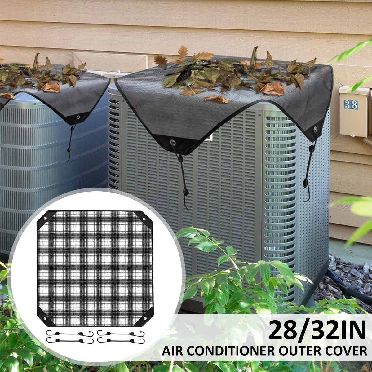

Air Conditioner Top Cover with Elastic Bungee Cords Oxford Mesh AC Condenser Cover Leaf Proof Wind Proof Air Conditioning Cover